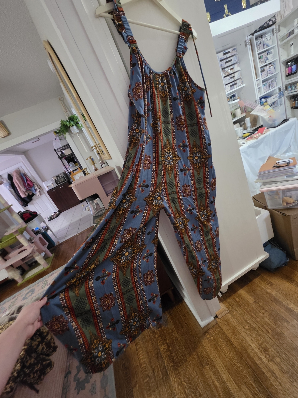 L Three Bird Nest Follow Your Arrow Blue Printed Boho Wide-Leg Jumpsuit